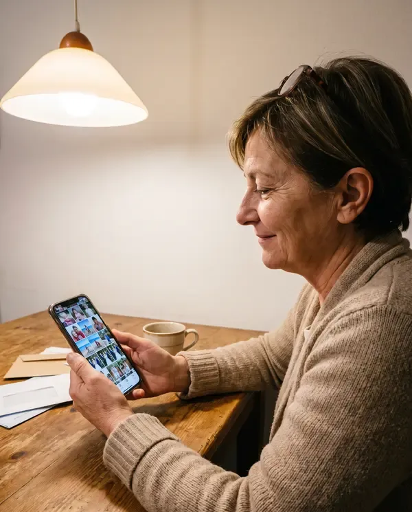 Una mamma che scorre le foto di famiglia sul telefono