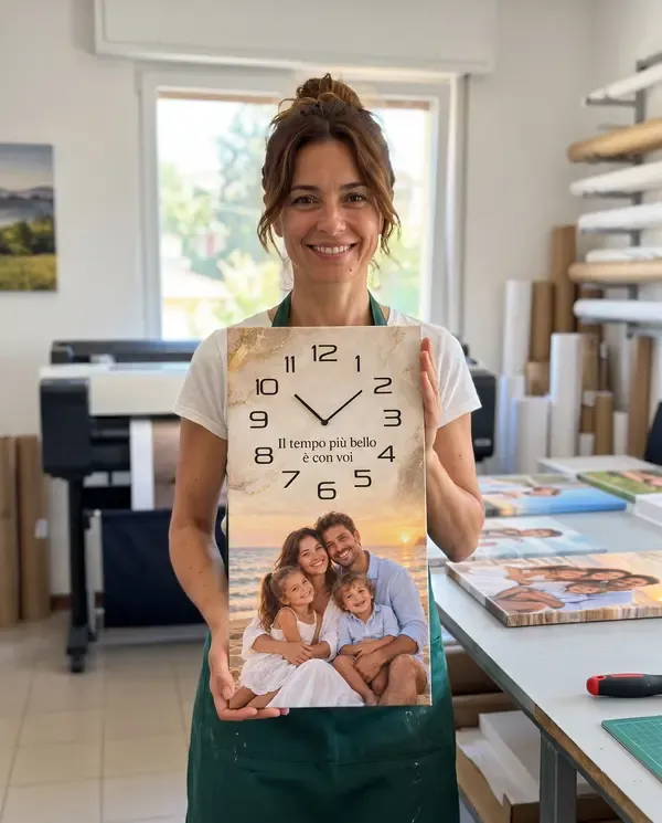 La responsabile della stampa di MyMomento con un Orologio Foto finito